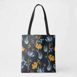 Contrast Floral Brush: Black Seamless Tote Bag