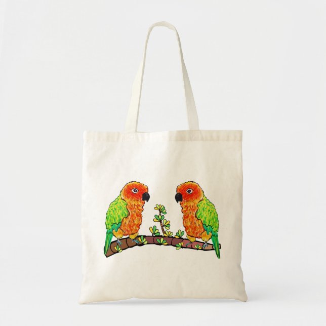 Conure parrot love on flower branch tote bag (Front)