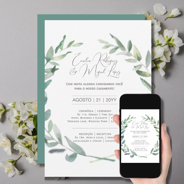 Convite Casamento Folhas Azeitona Verde Portuguese Invitation (Creator Uploaded)