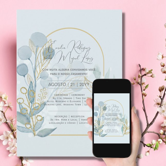 Convite de Casamento Ouro Azul Claro Portuguese Invitation (Creator Uploaded)