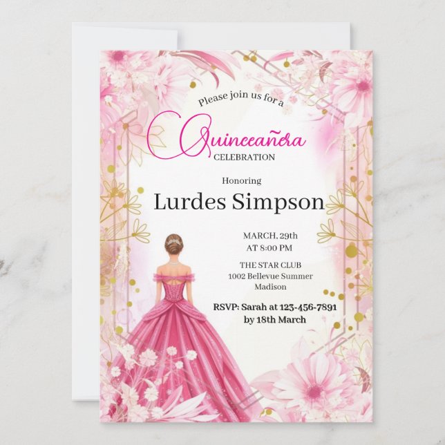 Convite  Quinceañera invitation  Floral Pink (Front)