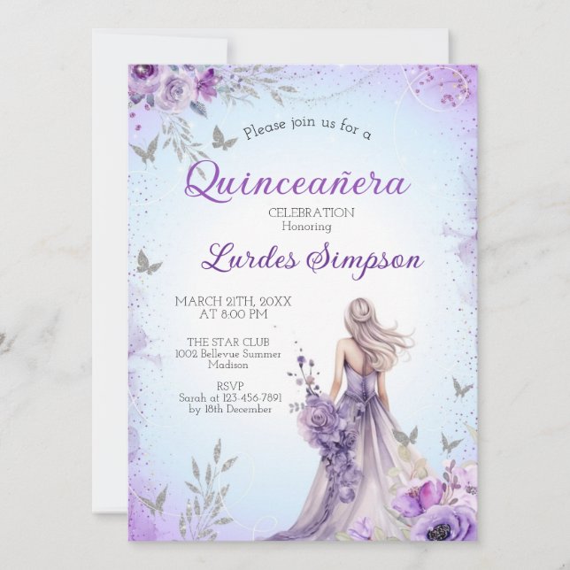 Convite  Quinceañera invitation Purple and Silver (Front)