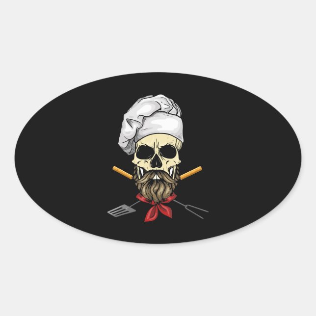 Cook Grill Master Chef Skull Face Halloween Gift Oval Sticker (Front)