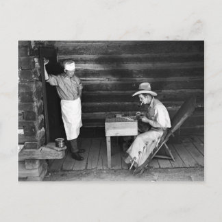 Cook watching a cowboy play cards