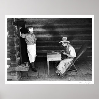 Cook watching a cowboy play cards poster