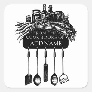 Cookbook Bookplate With Food And Utensils Square Sticker