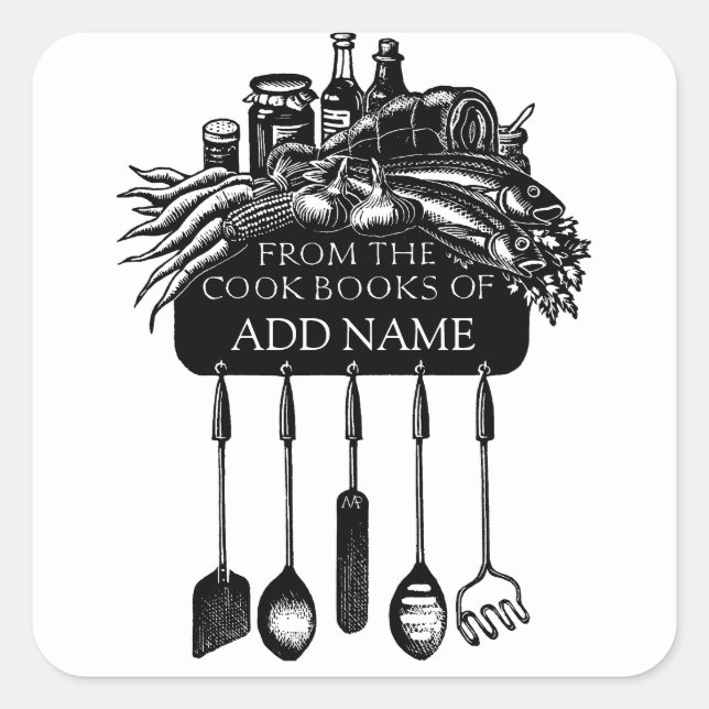 Cookbook Bookplate With Food And Utensils Square Sticker (Front)