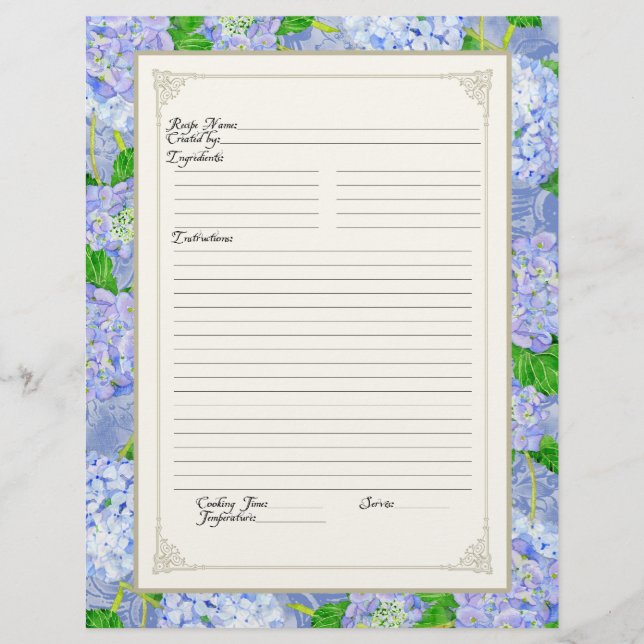 Cookbook Page Blue Hydrangea Lace Floral Formal (Front)