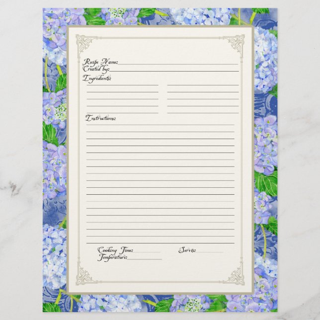 Cookbook Page Blue Hydrangea Lace Floral Formal (Front)