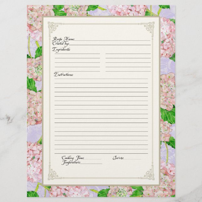 Cookbook Page Pink Hydrangea Lace Floral Formal (Front)