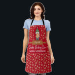 Cookie Baking Crew Gnome Red Gold Star Christmas Apron<br><div class="desc">The ideal apron for all of your holiday Christmas baking! Cute Christmas holiday gnome and rolling pin with your name. Fun typography says "Cookie Baking Crew - Baking and Tasting Division". The perfect apron for your whole family! Modern faux gold star pattern.</div>
