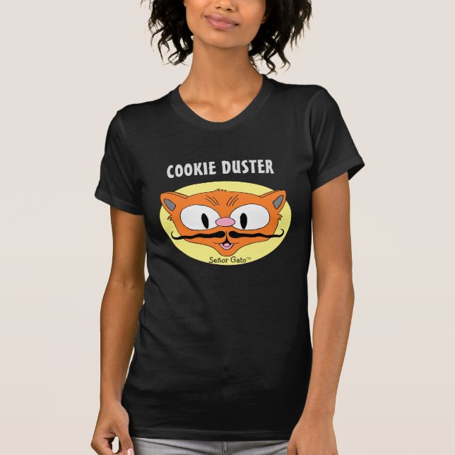 COOKIE DUSTER Moustache Humour Cartoon Cat T-Shirt (Front)