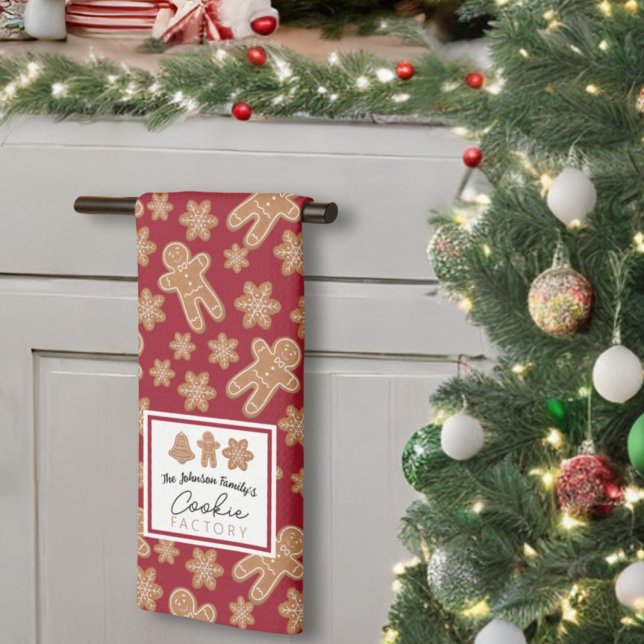 Cookie Factory Family Name Gingerbread Burgundy Tea Towel (Creator Uploaded)
