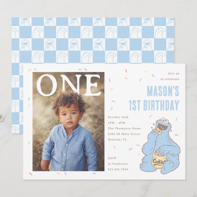 Cookie Monster Blue Confetti First Birthday Invitation (Front/Back)