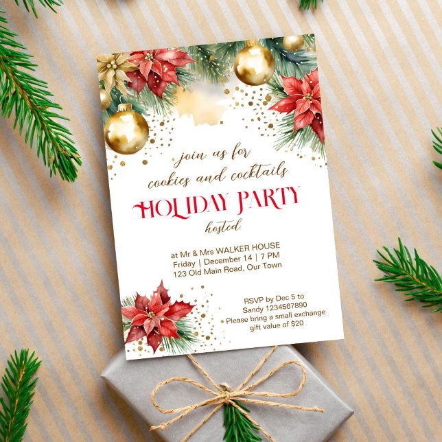 Cookies and cocktails Christmas dinner party Invitation (Cookies and cocktails Christmas holiday party editable template invitation digital download gold red)