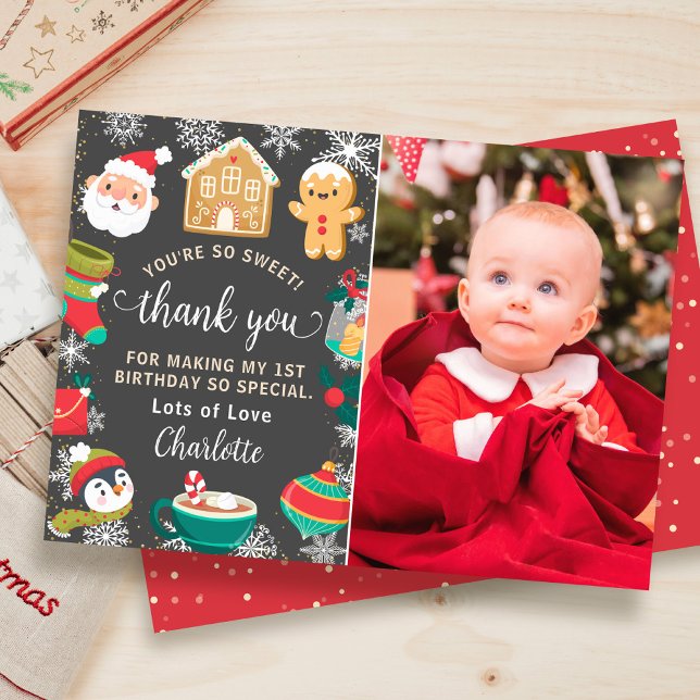 Cookies and Cocoa Snow Christmas Birthday Photo Thank You Card (Creator Uploaded)