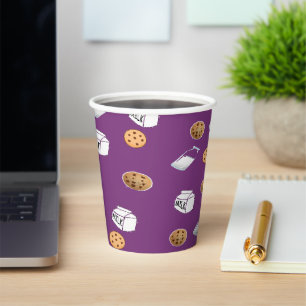 Cookies and milk on purple paper cups