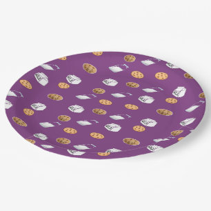 Cookies and milk on purple paper plate