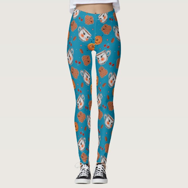Cookies, buns: blue background pattern leggings (Front)