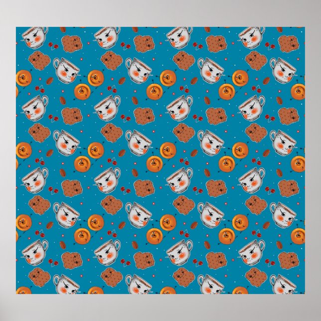 Cookies, buns: blue background pattern poster (Front)