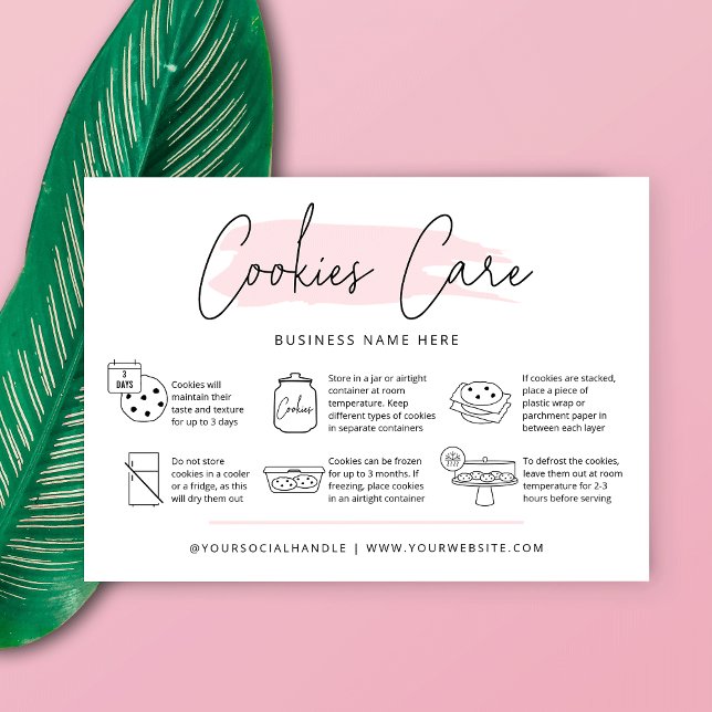 Cookies Care Instructions Blush Pink Watercolor Business Card (Creator Uploaded)