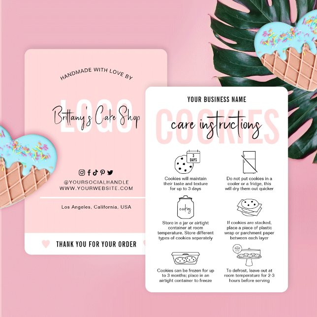 Cookies Care Instructions Cards Modern Blush Pink (Feminine pink and white cookies care cards and storage instructions cards for bakers)