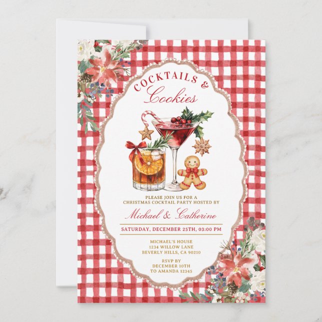 Cookies & Cocktails Cozy Rustic Red Gingham Invitation (Front)