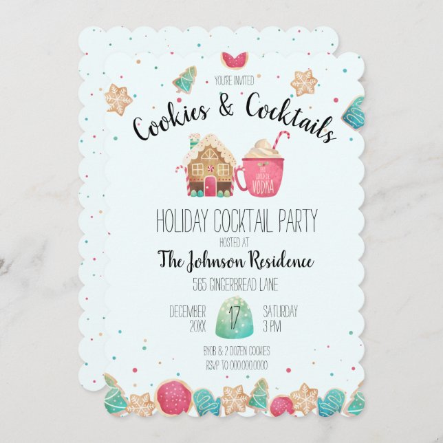 Cookies & Cocktails Holiday Cookie Exchange Blue Invitation (Front/Back)