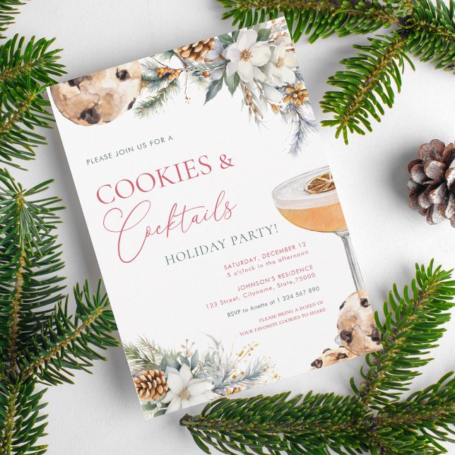 Cookies Cocktails White Floral Adult Holiday Party Invitation (Creator Uploaded)