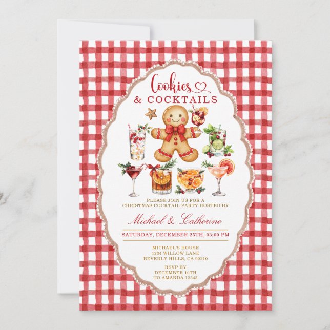 Cookies & Cocktails Winter Christmas Red Gingham Invitation (Front)