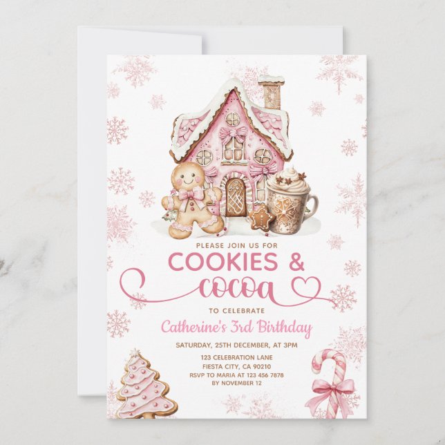 Cookies & Cocoa Birthday Pink Snowflakes Holiday Invitation (Front)