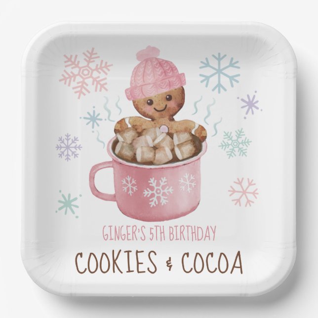 Cookies & Cocoa Gingerbread Girl Winter Birthday Paper Plate (Front)