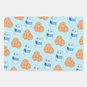 Cookies n Milk Blue White Pink Pattern  Wrapping Paper Sheet