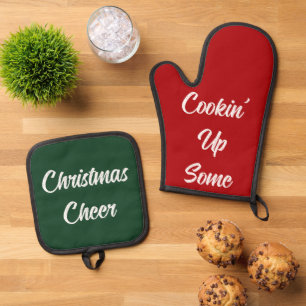 Cookin' Cheer Funny Christmas Gift Red Green Oven Mitt & Pot Holder Set