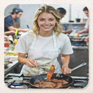 Cooking Bacon Photo Customize Square Paper Coaster