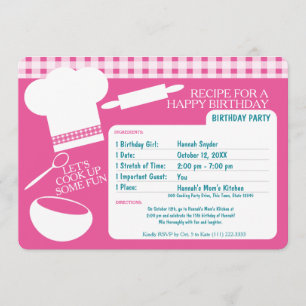 Cooking Birthday Party Recipe Pink Invitation