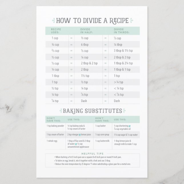 Cooking Conversion & Recipe Divider Sheet (Front)