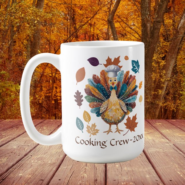 Cooking Crew Pilgrim Turkey Thanksgiving Coffee Mug (Turkey "Cooking Crew" mug personalized with the year. Great for family Thanksgiving)