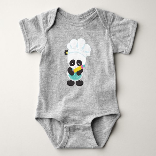 Cooking Panda, Baking Panda, Apron, Rolling Pin Baby Bodysuit (Front)