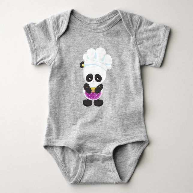 Cooking Panda, Baking Panda, Panda With Pie, Apron Baby Bodysuit (Front)