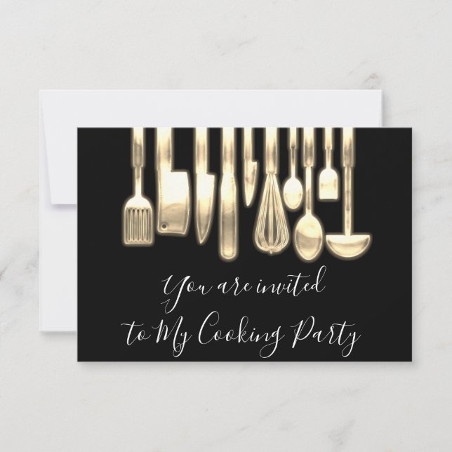 Cooking Party Chef Golden Kitchen Black Modern Invitation (Front)