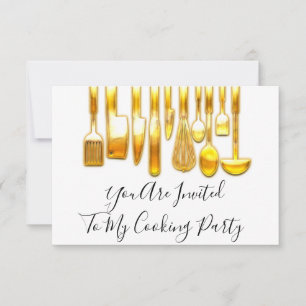 Cooking Party Chef Golden Kitchen Gold White Invitation