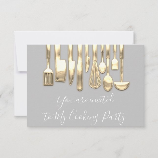 Cooking Party Chef Golden Kitchen Grey Gold  Invitation (Front)