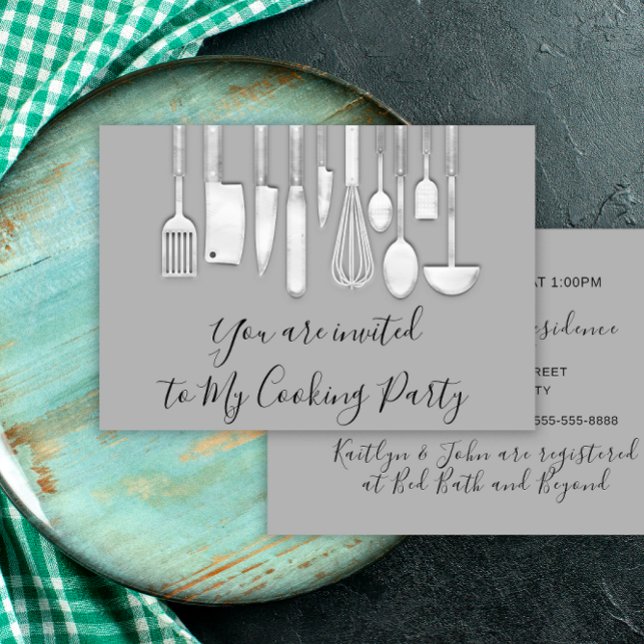 Cooking Party Chef Golden Kitchen Grey Silver Invitation (Cooking Party Chef Golden Kitchen Gray Silver Invitation)