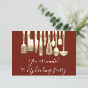 Cooking Party Chef Golden Kitchen Maroon Gold  Invitation