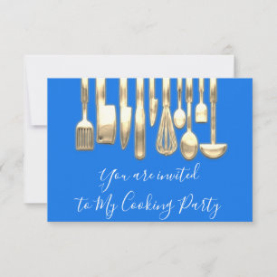 Cooking Party Chef Golden Kitchen Utensils Blue Invitation