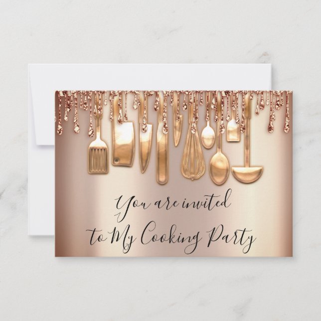 Cooking Party Chef Kitchen Rose Gold Drips Cooper Invitation (Front)