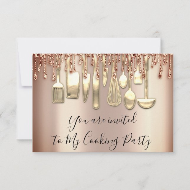 Cooking Party Chef Kitchen Rose Gold Glitter Drip  Invitation (Front)
