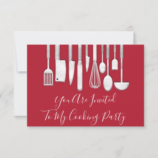 Cooking Party Chef  Kitchen White Grey Red Grey Invitation (Front)