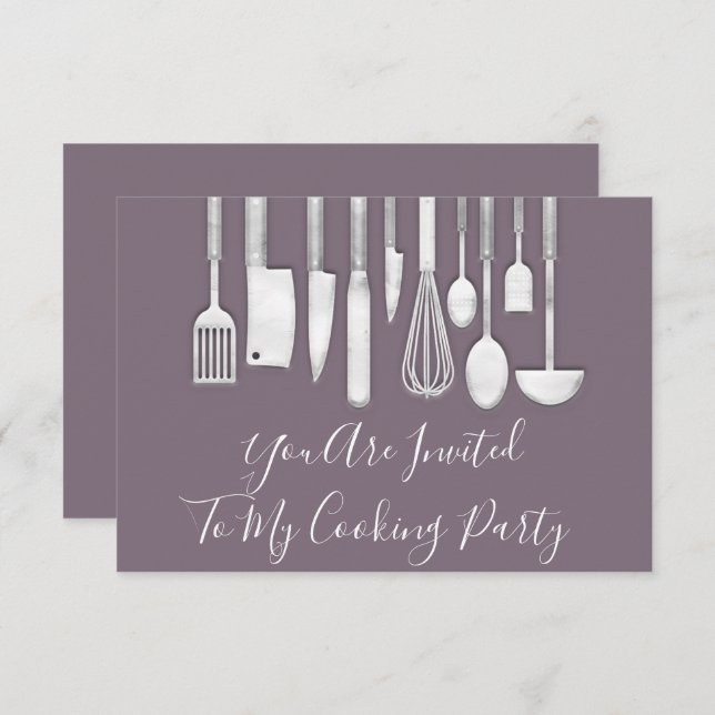 Cooking Party Chef Kitchen White Grey Violet Purpl Invitation (Front/Back)